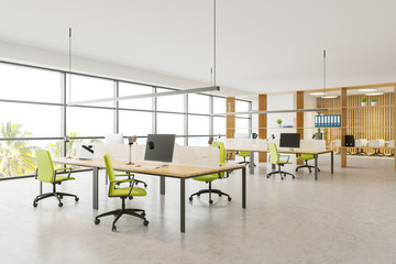 Bright wooden open space office with meeting room