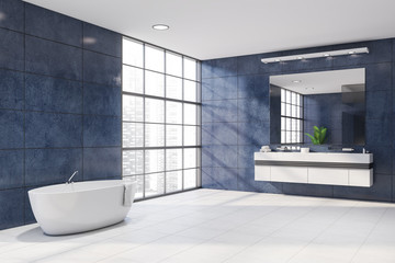 Luxury blue bathroom corner with tub and sink