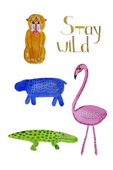 Watercolor set of cartoon simple wild animals and bird.