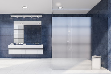 Fototapeta na wymiar Blue bathroom interior with shower and sink