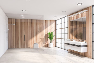 Luxury wooden bathroom with sink and shower
