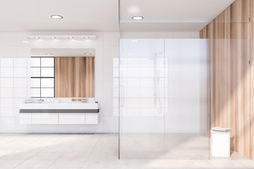 Fototapeta na wymiar Wooden bathroom interior with shower and sink