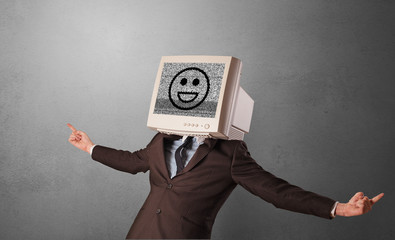 Young person with monitor head, old school smile concept
