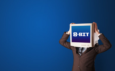 Young person with monitor head, old school 8-BIT concept