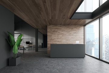 Modern office waiting room with reception desk
