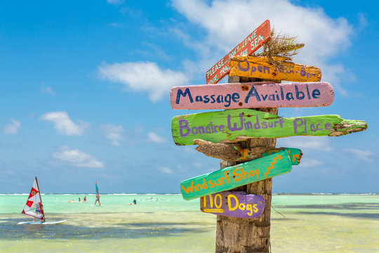 Colorful signpost at coast of Bonaire