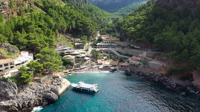 Aerial drone video footage of Port de Sa Calobra bay, Mallorca