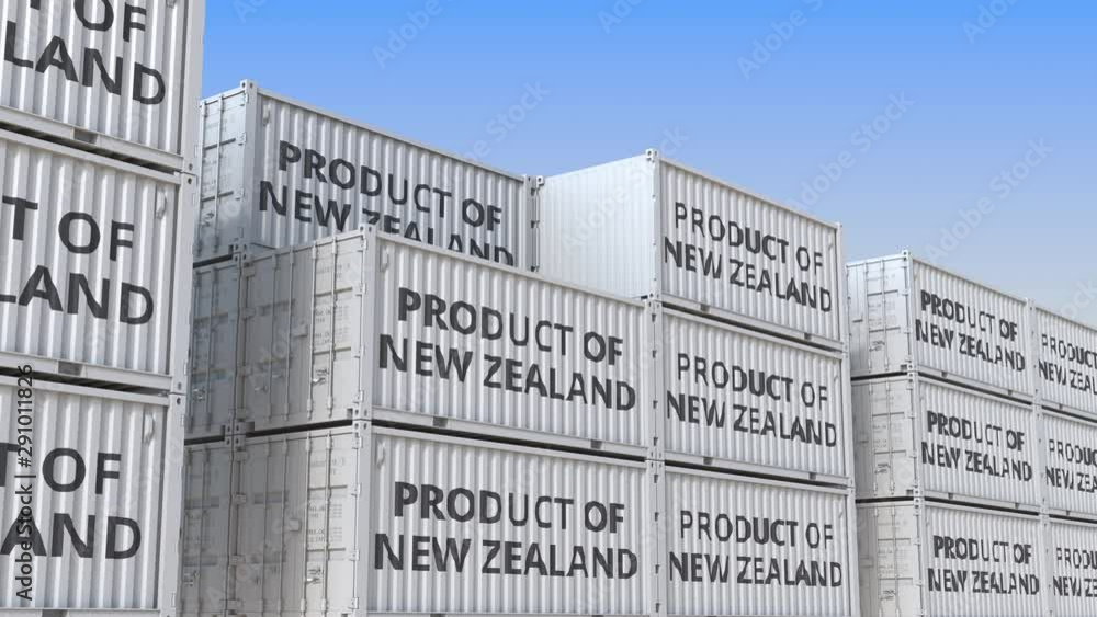 Aufkleber cargo containers with product of new zealand text. import or export related loopable 3d animation