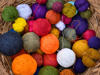 Close up of colorful alpaca  knitting yarn balls.