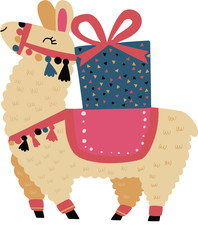 Cute lama and giftbox. Alpaca animal. Vector illustration © Victor