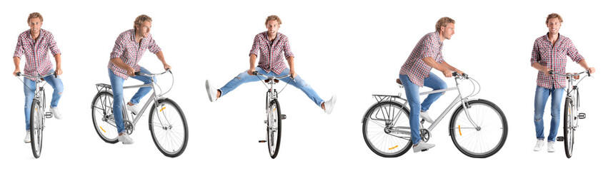 Collage of handsome young man with bicycle on white background