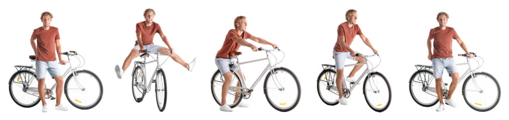 Collage of handsome young man with bicycle on white background