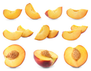 Fototapeta na wymiar Set of cut fresh juicy peaches on white background