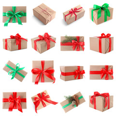 Set of different beautiful Christmas gifts on white background