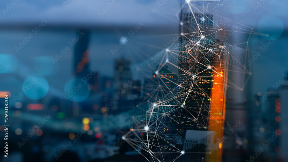 Fototapete Wireless network and Connection technology concept with Abstract buildings and city background