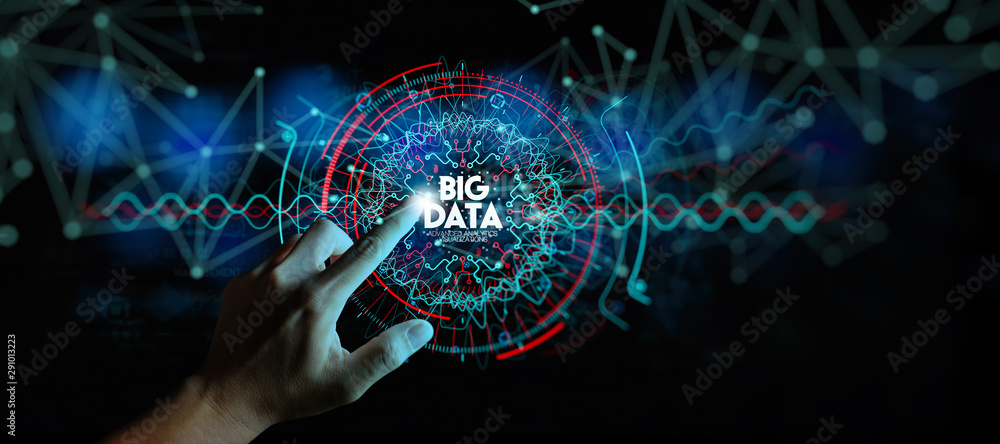 Fototapete Big data in HUD and icon ui with hand selecting and pressing Big Data symbol and modern interface.