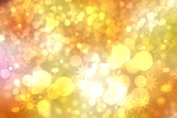 A festive abstract Happy New Year or Christmas texture background and with golden yellow blurred bokeh lights and stars. Space for design. Card concept or advertising.