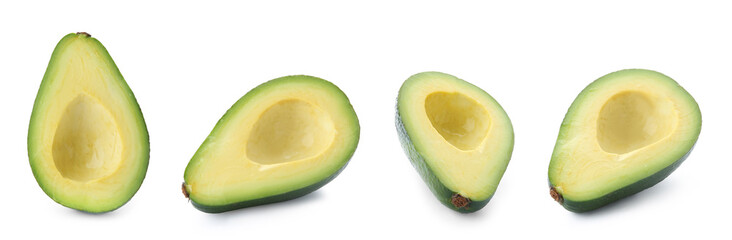 Set of fresh ripe avocados on white background
