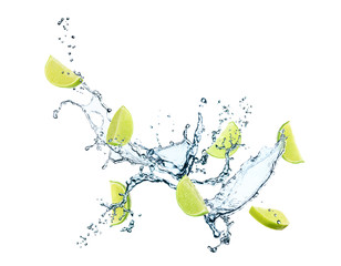 Juicy lime and splashing water on white background