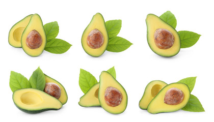 Set of fresh ripe avocados on white background