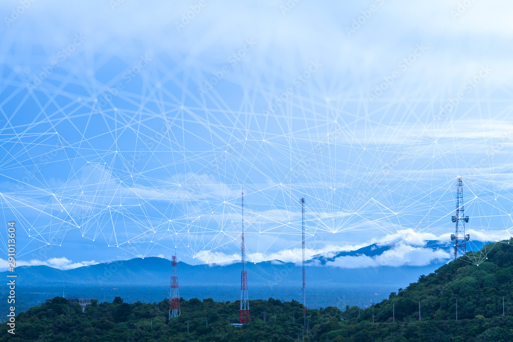 Poster wireless network and connection technology concept with abstract bangkok city and mountain landscape