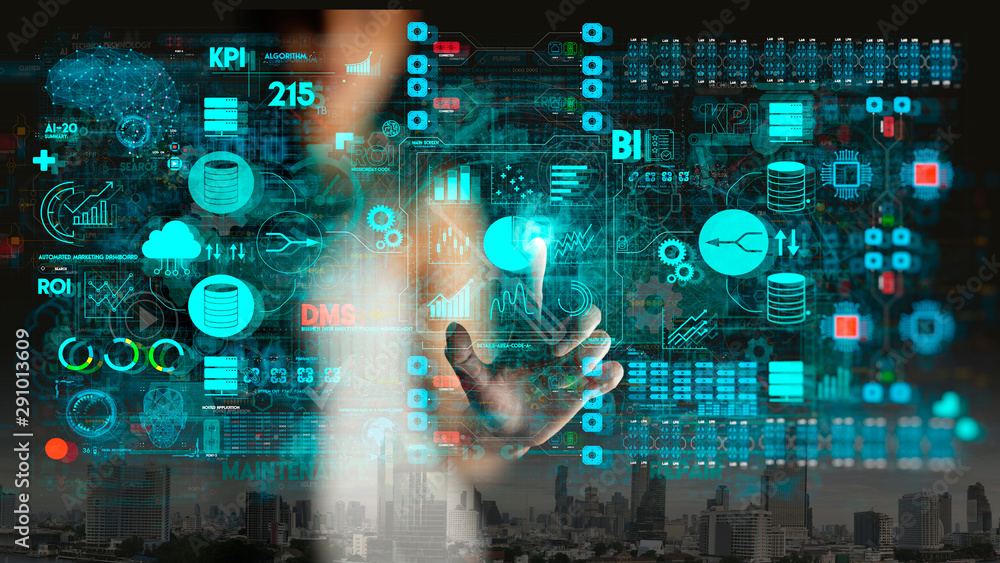 Poster Business data analytics process management with businesswoman hand touching connected gear cogs with KPI financial charts and graph and automated marketing dashboard.