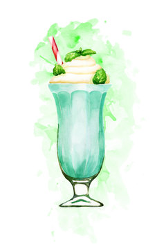 Watercolour mint milkshake hand drawn illustration on green paint splashes