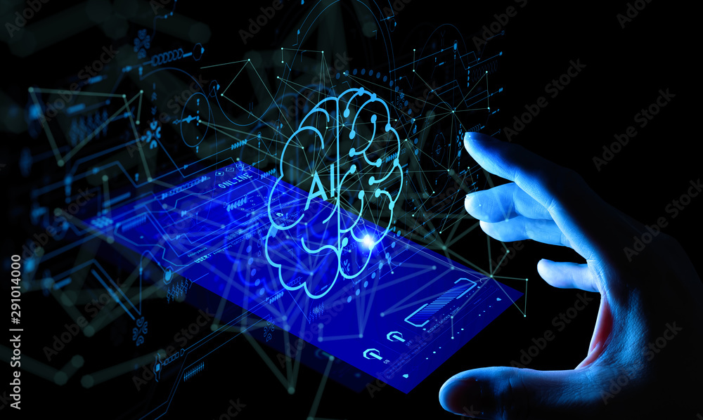 Aufkleber business hand using digital artificial intelligence interface new modern computer.