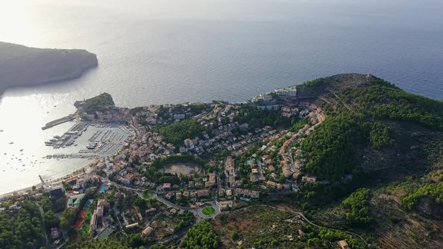Aerial Drone Shot Of Port Soller Mallorca Spain