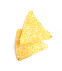 Tasty Mexican nachos chips on white background, top view