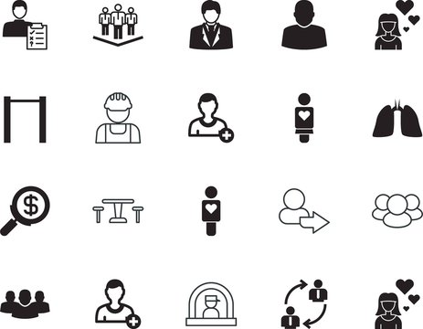 people vector icon set such as: hotel, city, doctor, respiratory, hardhat, hall, lifestyle, desk, hospital, construction, safety, privacy, network, image, stick, employment, wrench, outdoor, nurse