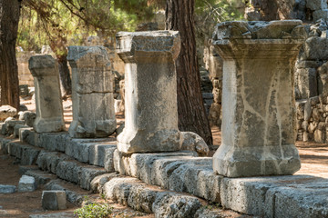 Fototapeta na wymiar The remains of columns in ancient city of Phaselis, Antalya province,Turkey
