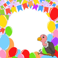 Obraz na płótnie Canvas Happy birthday greeting card with a cute cartoon character. With copy space for your text. Picture on the background of bright balloons, confetti and garlands. Color vector isolated illustration.