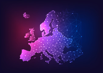 Futuristic glowing low polygonal Europe continent map on dark blue and purple background. © Inna