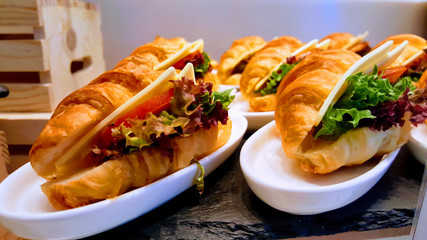 Tasty bread sandwich with cheese, tomato, vegetables on white plate in the party bar