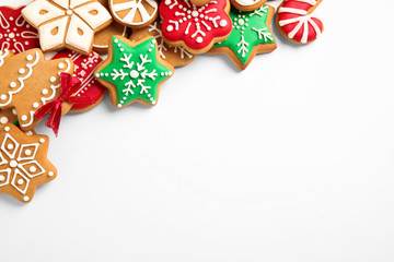 Tasty homemade Christmas cookies on white background, top view