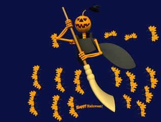 Jack the sweeper 3D Halloween illustration 2. A pumpkin character with a broom sweeping autumn leaves, dark background. Collection.