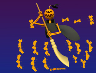 Jack the sweeper 3D Halloween illustration 1. A pumpkin character with a broom sweeping autumn leaves, gradient color background. Collection.