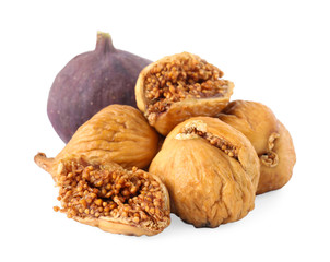 Tasty dried and raw figs on white background