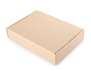 Closed cardboard box on white background. Mockup for design