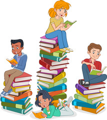Cartoon teenagers reading books. Students over piles of books.
