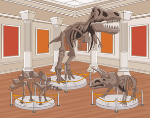 Group of dinosaur skeletons at archeology museum. 