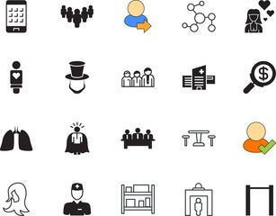 people vector icon set such as: glamour, travel, smartphone, organization, cooperation, umbrella, general purpose, mobile, abraham, warehouse, fitness, coffee, magnifying, physician, surgeon, zoom
