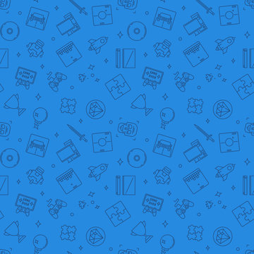 Video Games blue seamless vector pattern in outline style