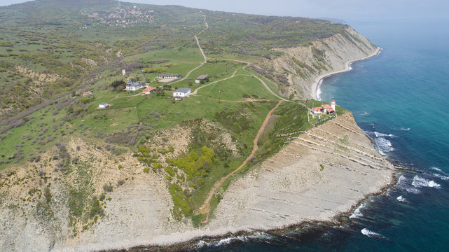 Aerial view of Cape Emine. Cape Emine is a headland located at the Bulgarian Black Sea Coast. Cape Emine is the endpoint of the European walking route E3