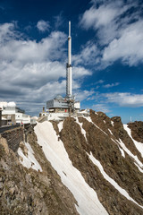 View of the astronomical observatory located on top of Mount Pic de Midi de Bigorre, in the Pyrenees Mountains (France).