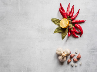 Spices for harissa on a light table. Top view, copy space.