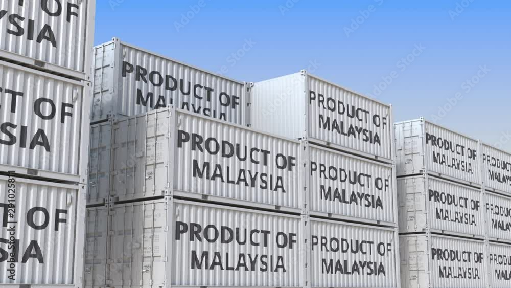 Poster containers with product of malaysia text in a container terminal, loopable 3d animation