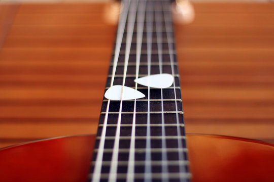 Guitar picks on the fingerboard of a brown guitar.