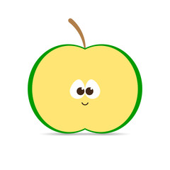 Cartoon cutaway apple with a smile and eyes on a white background. Vector illustration